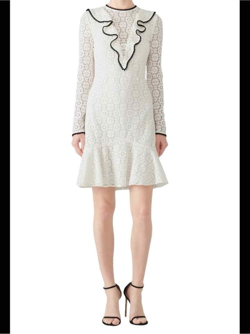 Monique Lhuillier White Lace Long-Sleeve Ruffle Dress with Black Trim - Picture 2 of 13